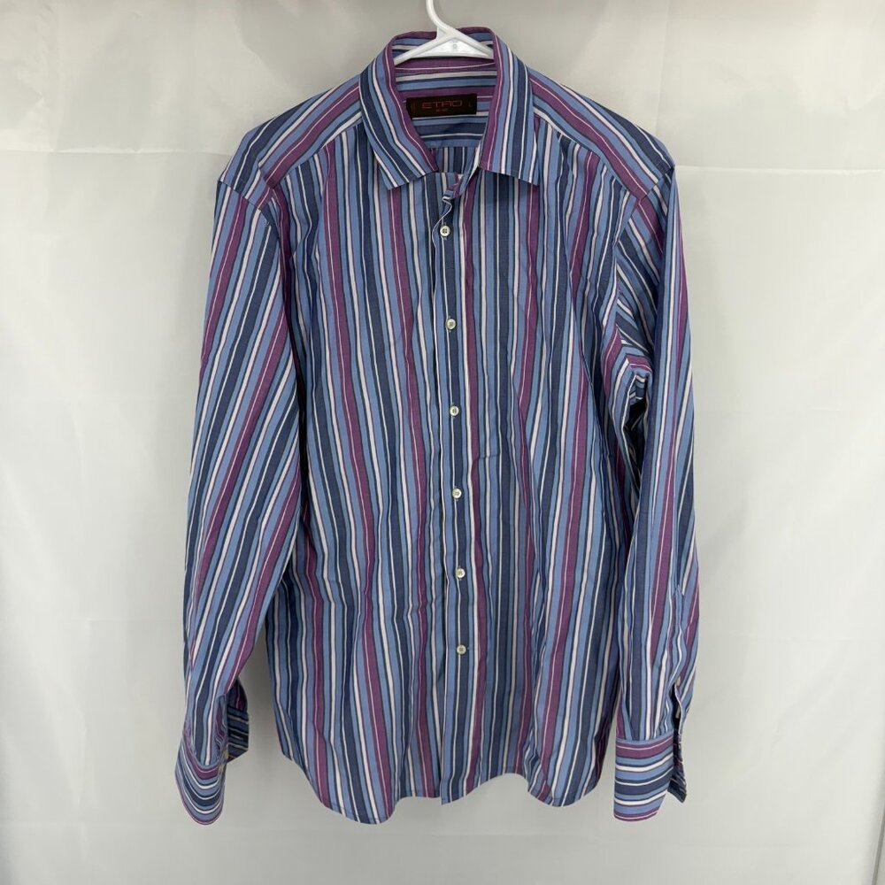 ETRO Men L Dress Shirt Button Up Blue Purple Striped Long Sleeve Cotton Italy